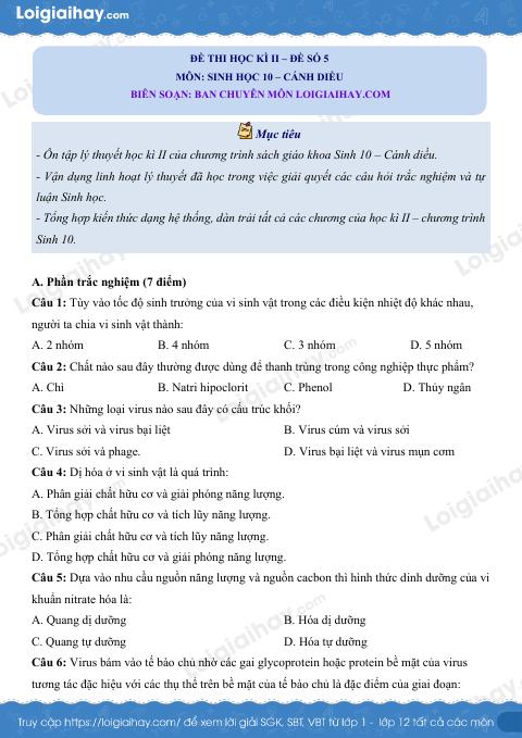 Đề thi học kì 2 Sinh 10 Cánh diều - Đề số 5